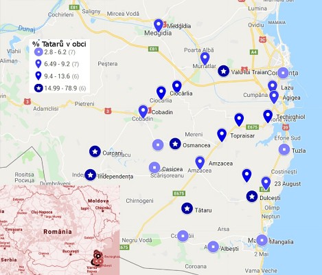 Mapa rozmístění Tatarů v Rumunsku